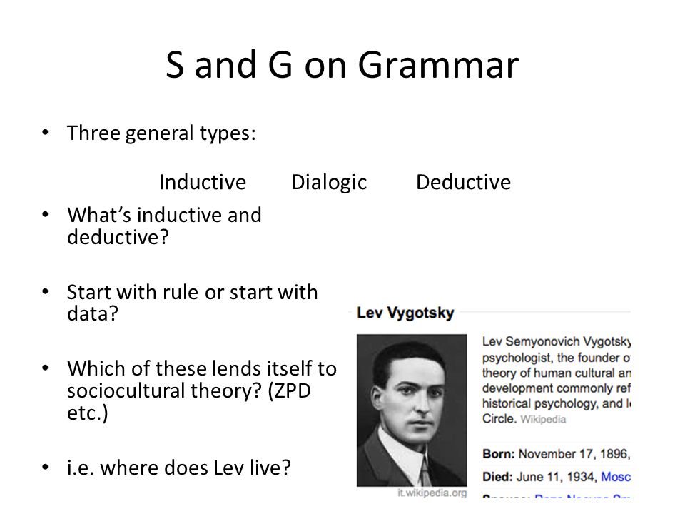 S and G on Grammar Inductive Dialogic Deductive Three general types: