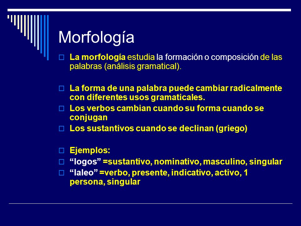 Morfología La morfología estudia la formación o composición de las palabras (análisis gramatical).