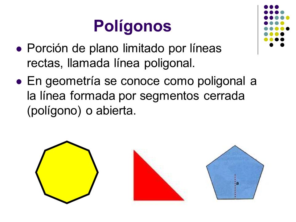 Polígonos Porción de plano limitado por líneas rectas, llamada línea poligonal.