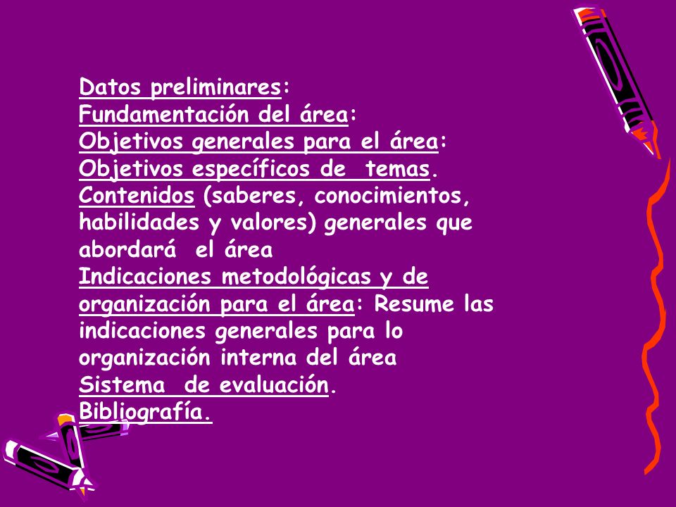 Datos preliminares: Fundamentación del área: Objetivos generales para el área: Objetivos específicos de temas.