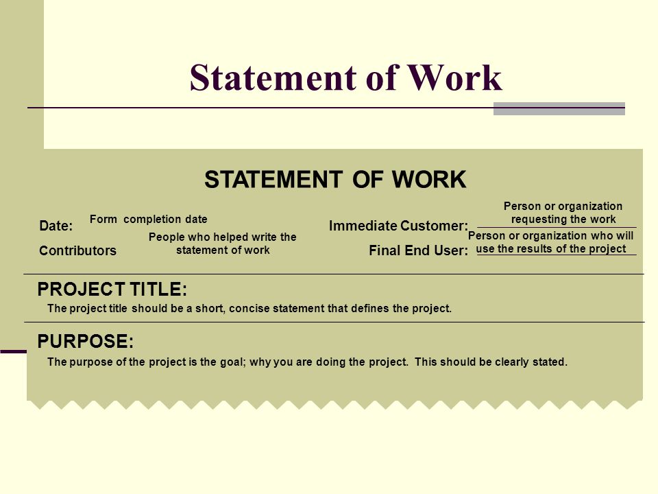 Statement of Work STATEMENT OF WORK PROJECT TITLE: PURPOSE: