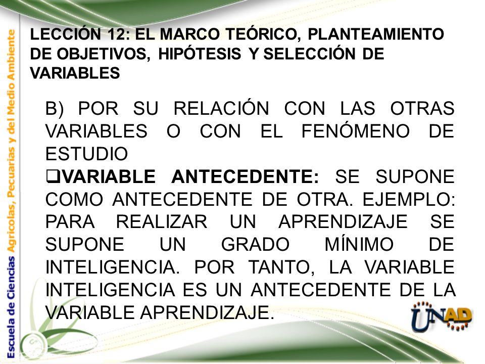 LECCIÓN 12: EL MARCO TEÓRICO, PLANTEAMIENTO DE OBJETIVOS, HIPÓTESIS Y SELECCIÓN DE VARIABLES