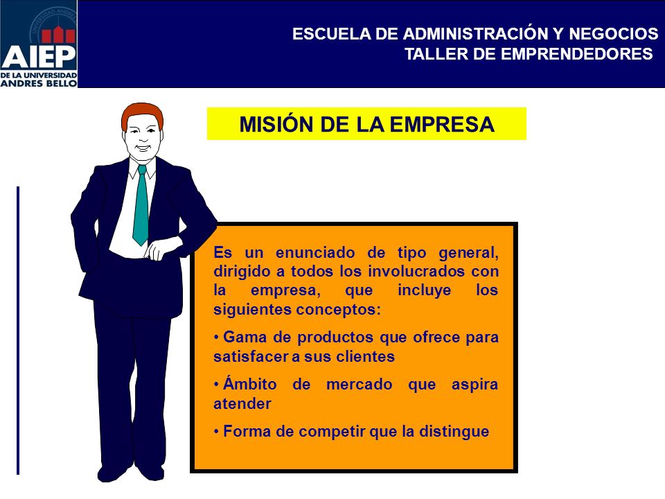 MISIÓN DE LA EMPRESA Es un enunciado de tipo general, dirigido a todos los involucrados con la empresa, que incluye los siguientes conceptos: