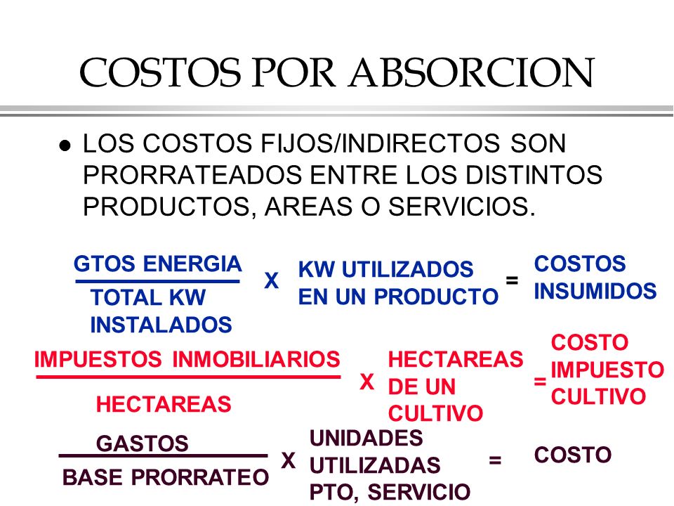 COSTOS POR ABSORCION LOS COSTOS FIJOS/INDIRECTOS SON PRORRATEADOS ENTRE LOS DISTINTOS PRODUCTOS, AREAS O SERVICIOS.