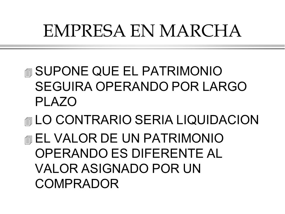 EMPRESA EN MARCHA SUPONE QUE EL PATRIMONIO SEGUIRA OPERANDO POR LARGO PLAZO. LO CONTRARIO SERIA LIQUIDACION.