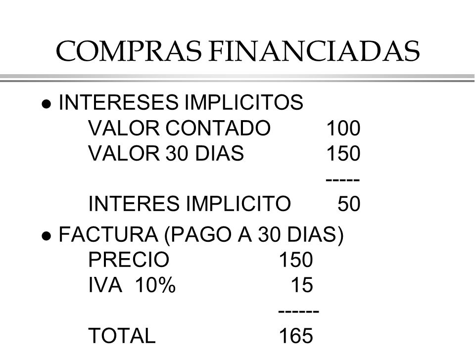 COMPRAS FINANCIADAS INTERESES IMPLICITOS VALOR CONTADO 100 VALOR 30 DIAS INTERES IMPLICITO 50.