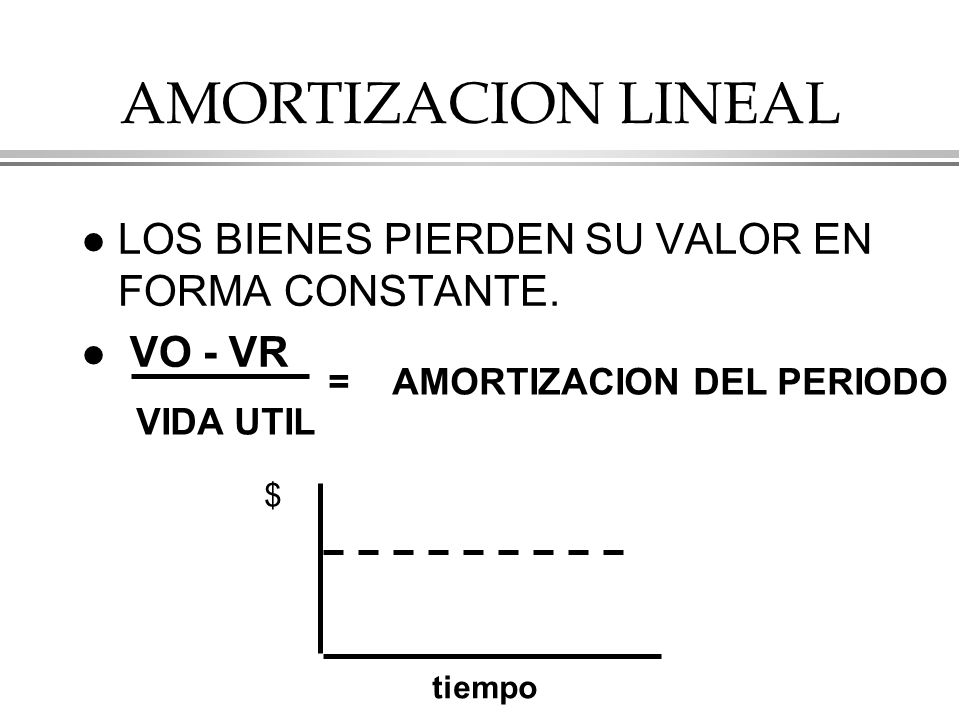 AMORTIZACION LINEAL LOS BIENES PIERDEN SU VALOR EN FORMA CONSTANTE.