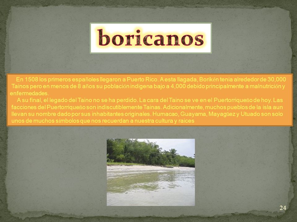 boricanos En 1508 los primeros españoles llegaron a Puerto Rico. A esta llagada, Borikén tenia alrededor de 30,000