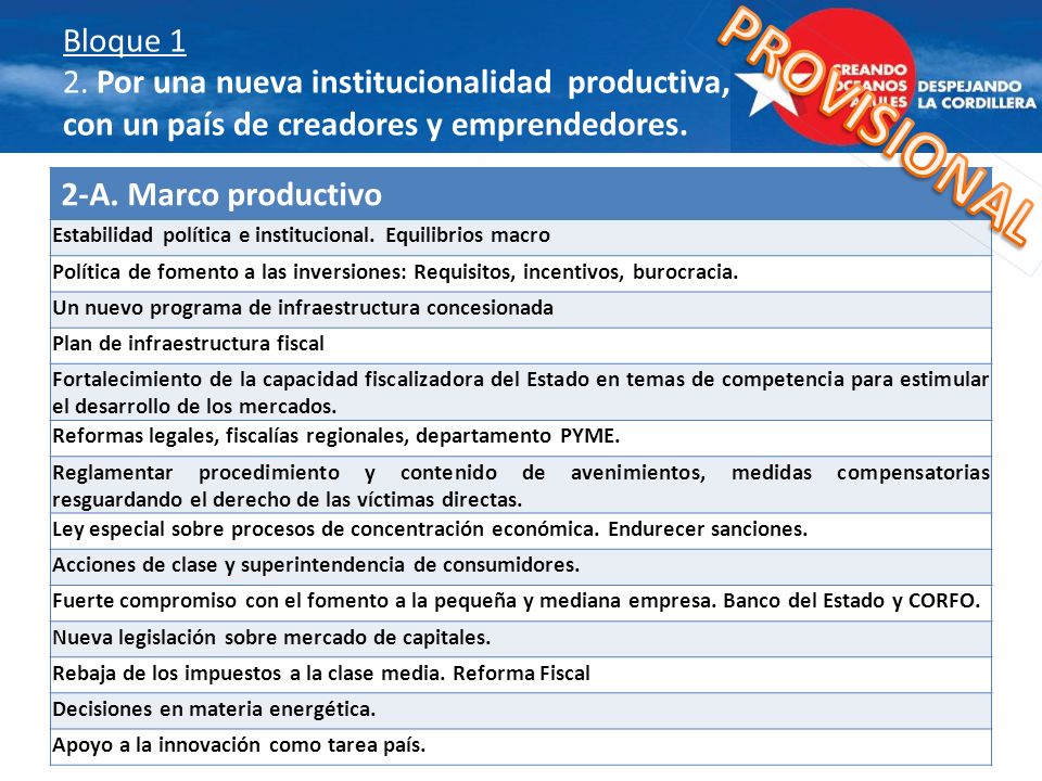 Bloque 1 2. Por una nueva institucionalidad productiva, con un país de creadores y emprendedores.
