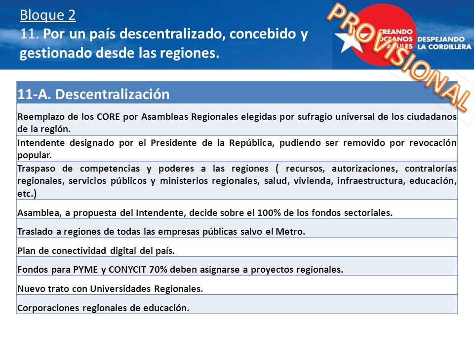 Bloque Por un país descentralizado, concebido y gestionado desde las regiones.