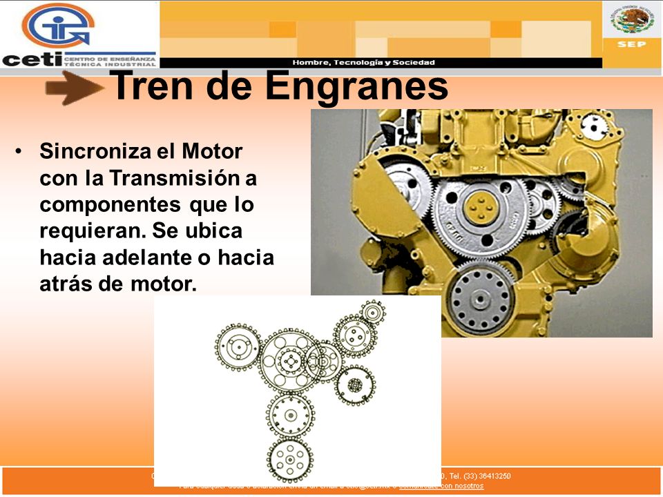 Tren de Engranes Sincroniza el Motor con la Transmisión a componentes que lo requieran.