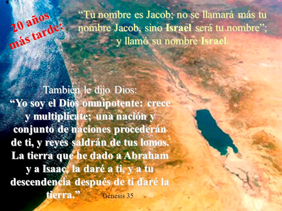 Tu nombre es Jacob; no se llamará más tu nombre Jacob, sino Israel será tu nombre ; y llamó su nombre Israel.