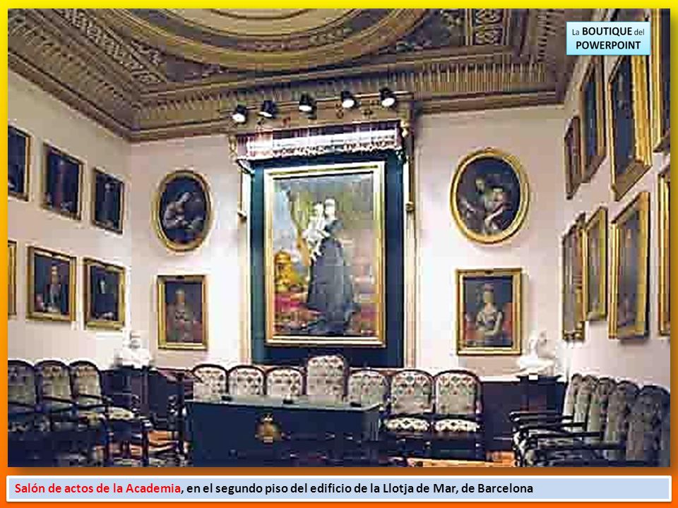 Salón de actos de la Academia, en el segundo piso del edificio de la Llotja de Mar, de Barcelona