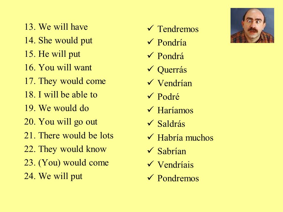We will have She would put. He will put. You will want. They would come. I will be able to. We would do.