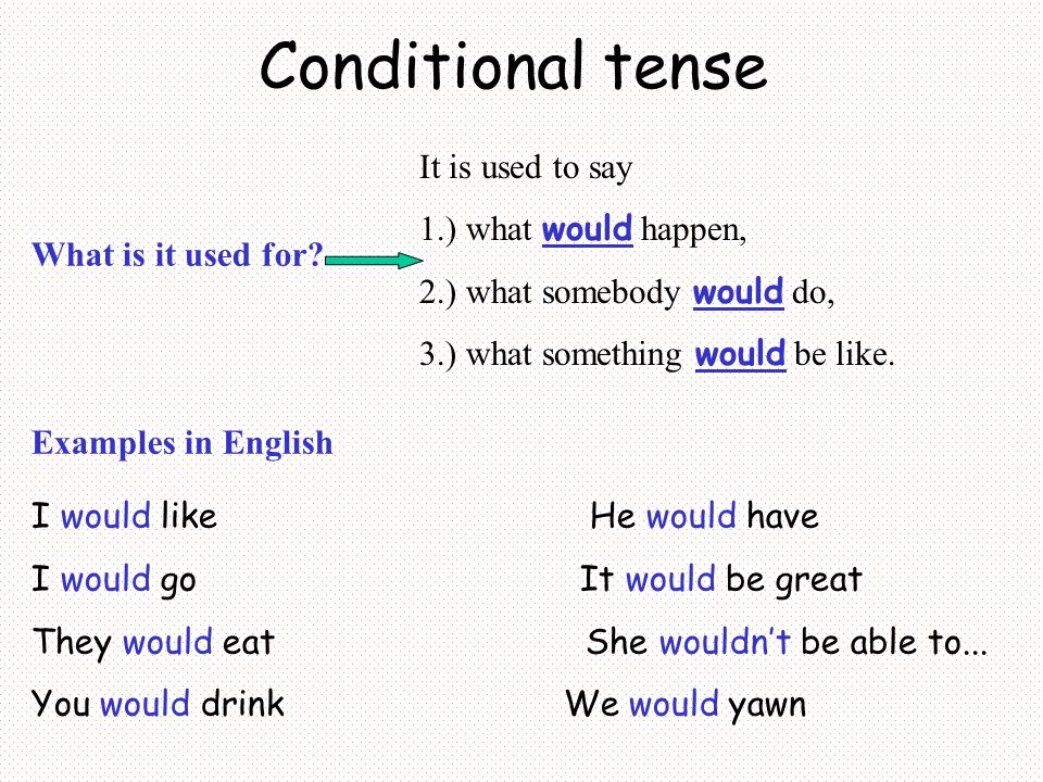 Conditional tense It is used to say 1.) what would happen,