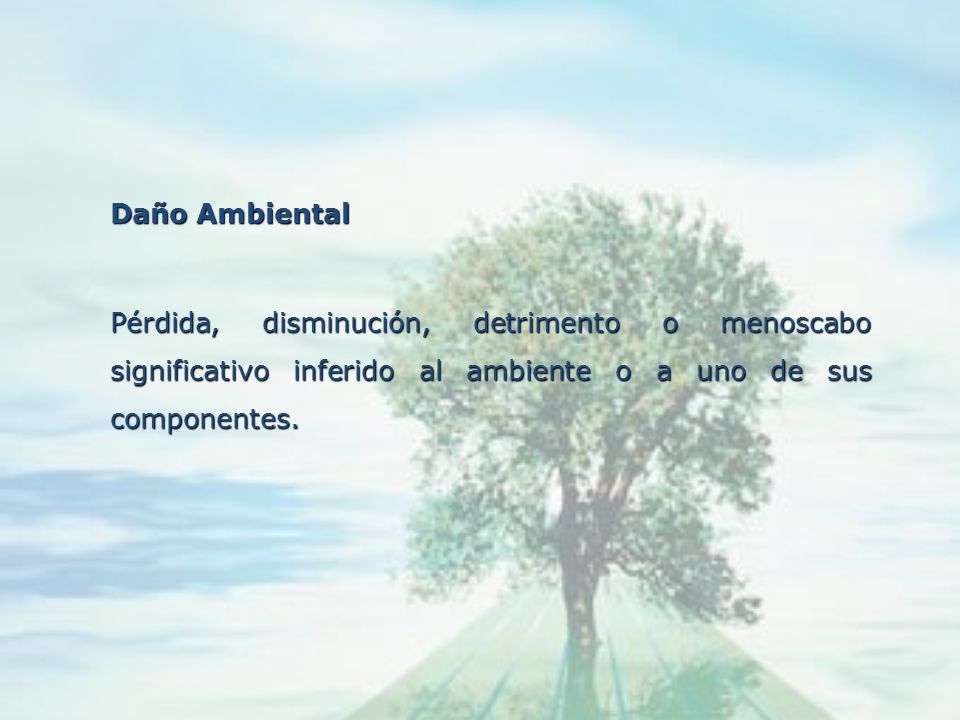 Daño Ambiental Pérdida, disminución, detrimento o menoscabo significativo inferido al ambiente o a uno de sus componentes.