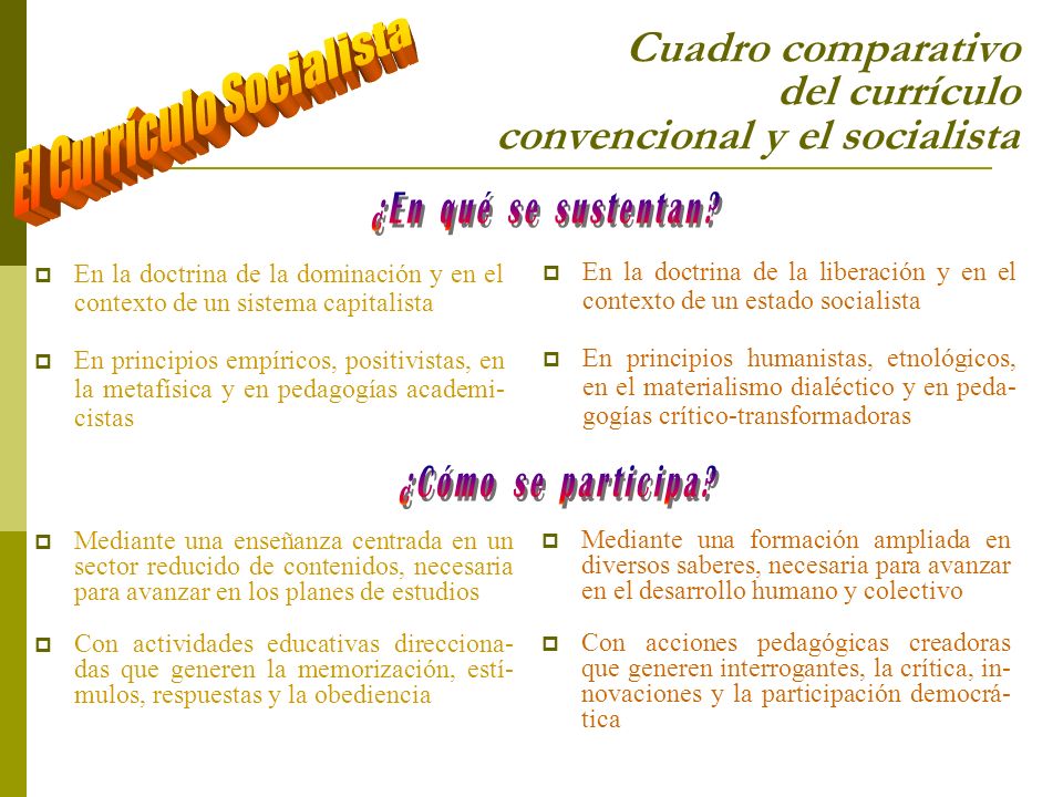 Cuadro comparativo del currículo convencional y el socialista