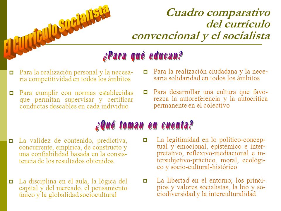 Cuadro comparativo del currículo convencional y el socialista