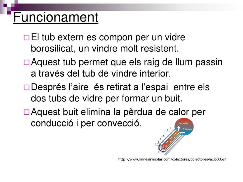 Funcionament El tub extern es compon per un vidre borosilicat, un vindre molt resistent.