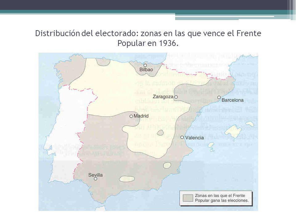 Distribución del electorado: zonas en las que vence el Frente Popular en 1936.