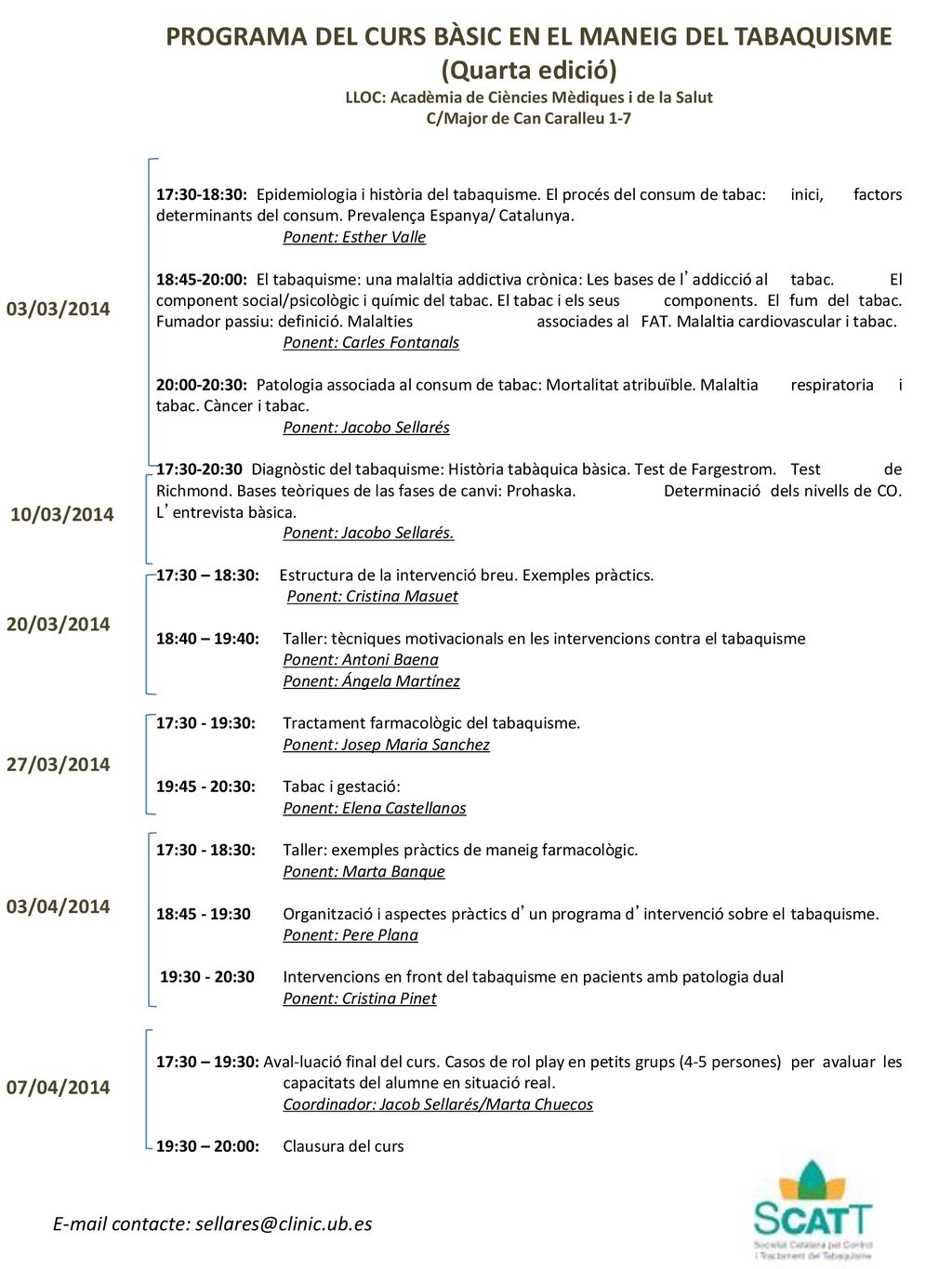 PROGRAMA DEL CURS BÀSIC EN EL MANEIG DEL TABAQUISME (Quarta edició)