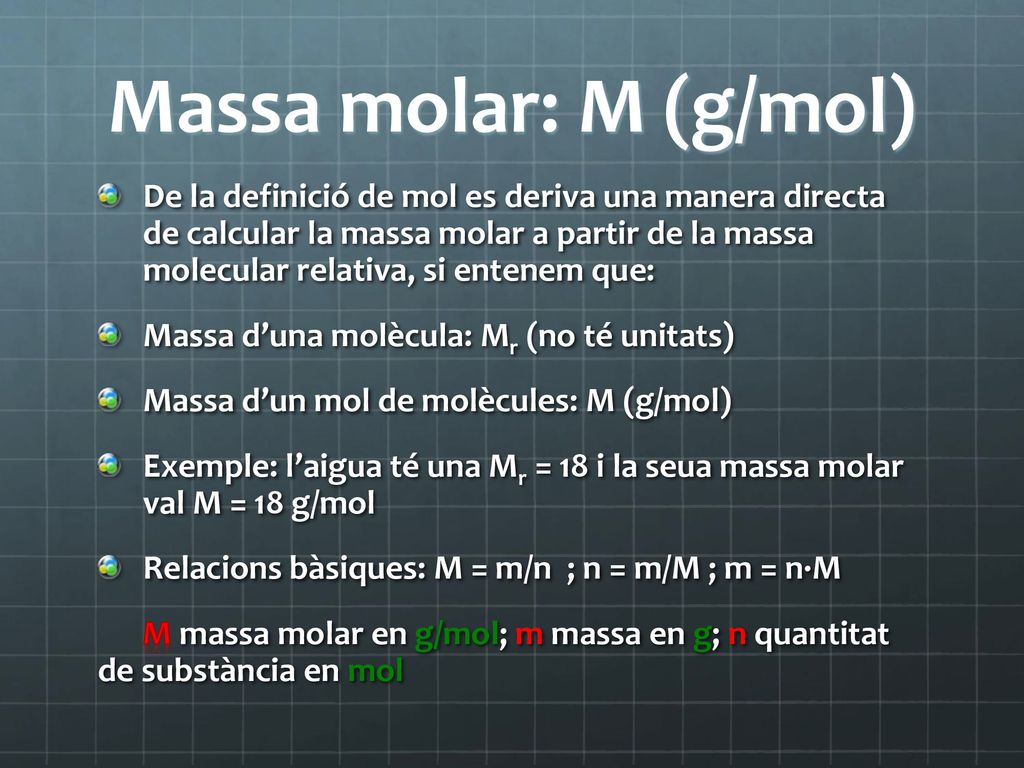 Massa molar: M (g/mol)