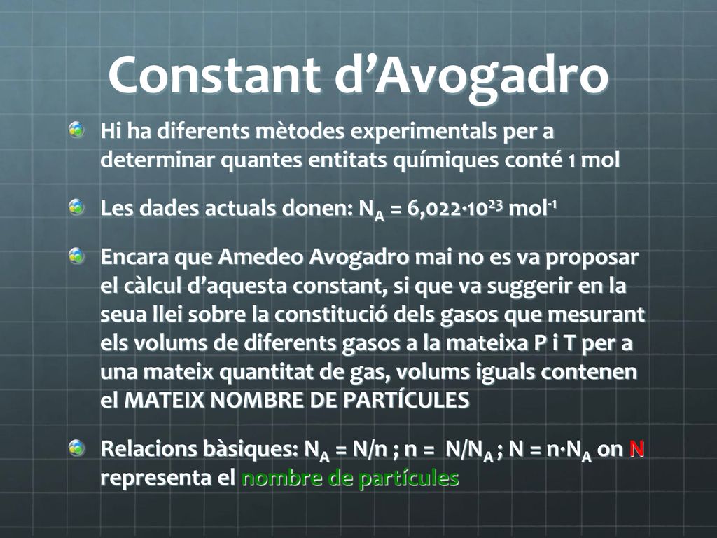 Constant d’Avogadro Hi ha diferents mètodes experimentals per a determinar quantes entitats químiques conté 1 mol.
