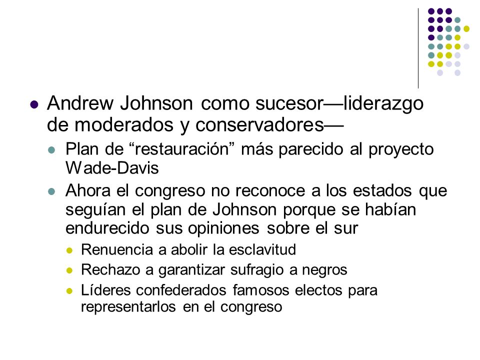 Andrew Johnson como sucesor—liderazgo de moderados y conservadores—