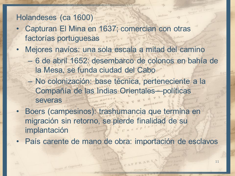 Holandeses (ca 1600) Capturan El Mina en 1637; comercian con otras factorías portuguesas. Mejores navíos: una sola escala a mitad del camino.