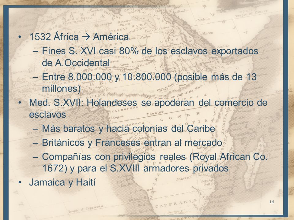 1532 África  América Fines S. XVI casi 80% de los esclavos exportados de A.Occidental. Entre y (posible más de 13 millones)