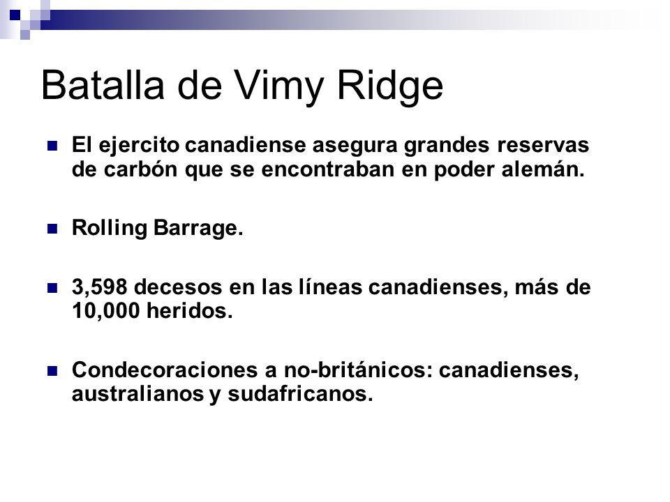 Batalla de Vimy Ridge El ejercito canadiense asegura grandes reservas de carbón que se encontraban en poder alemán.