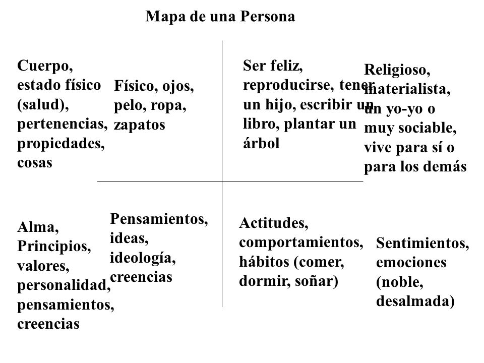 Mapa de una Persona Cuerpo, estado físico (salud), pertenencias, propiedades, cosas.