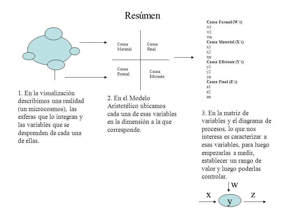 Resúmen Causa Formal (W´s) w1. w2. wn. Causa Material (X´s) x1. x2. xn. Causa Eficiente (Y´s)