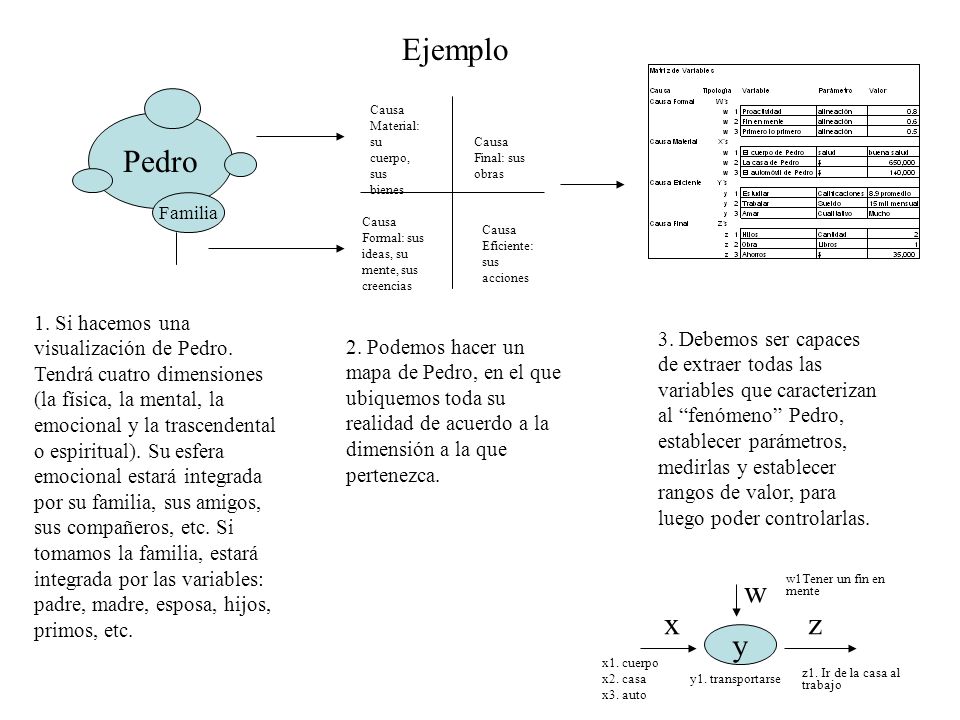 Ejemplo Causa Material: su cuerpo, sus bienes. Pedro. Causa Final: sus obras. Familia. Causa Formal: sus ideas, su mente, sus creencias.