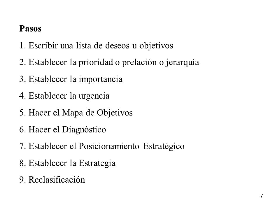 Pasos 1. Escribir una lista de deseos u objetivos. 2. Establecer la prioridad o prelación o jerarquía.
