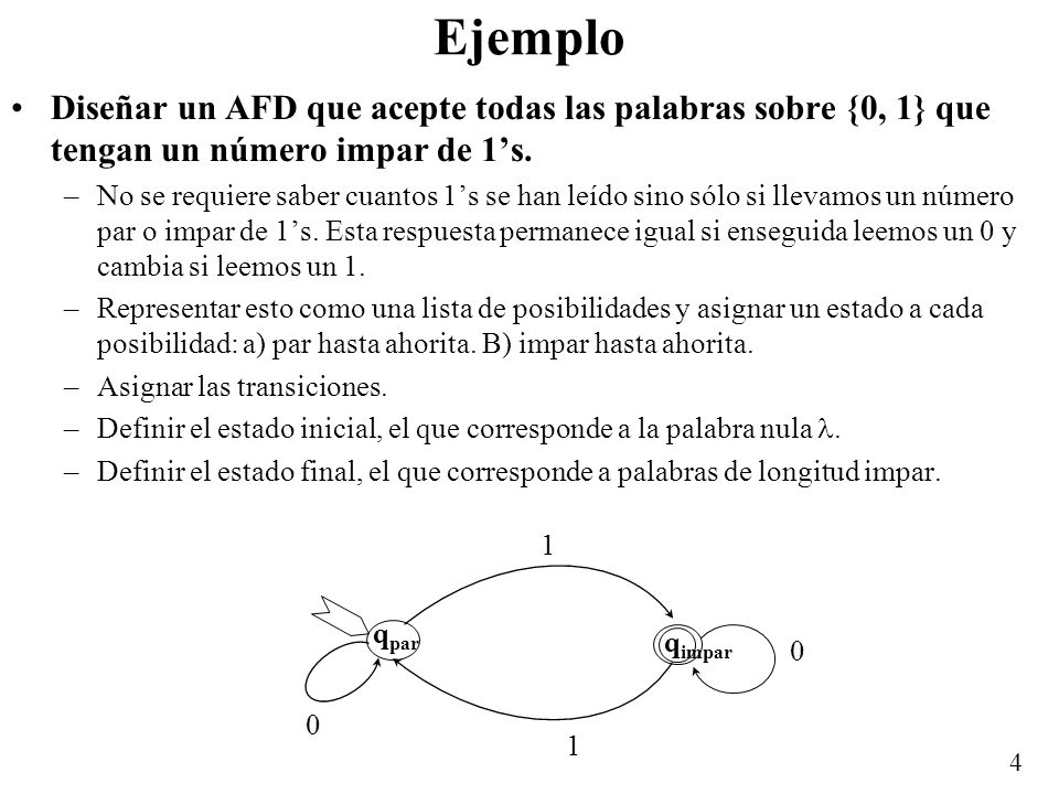 Ejemplo Diseñar un AFD que acepte todas las palabras sobre {0, 1} que tengan un número impar de 1’s.