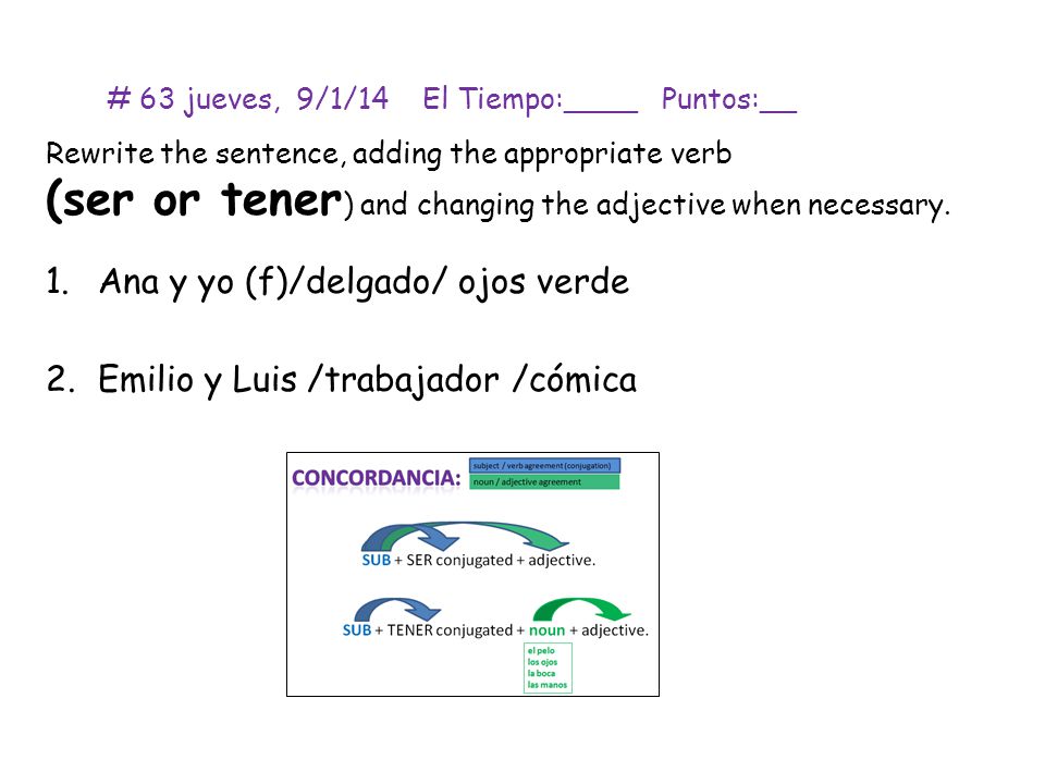 (ser or tener) and changing the adjective when necessary.