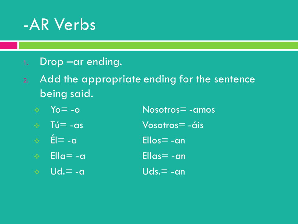 -AR Verbs Drop –ar ending.