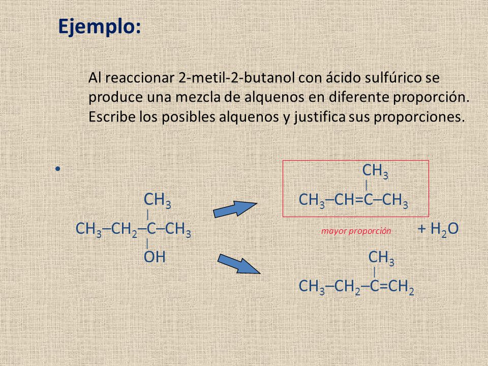 Ejemplo: Al reaccionar 2-metil-2-butanol con ácido sulfúrico se produce una mezcla de alquenos en diferente proporción. Escribe los posibles alquenos y justifica sus proporciones.