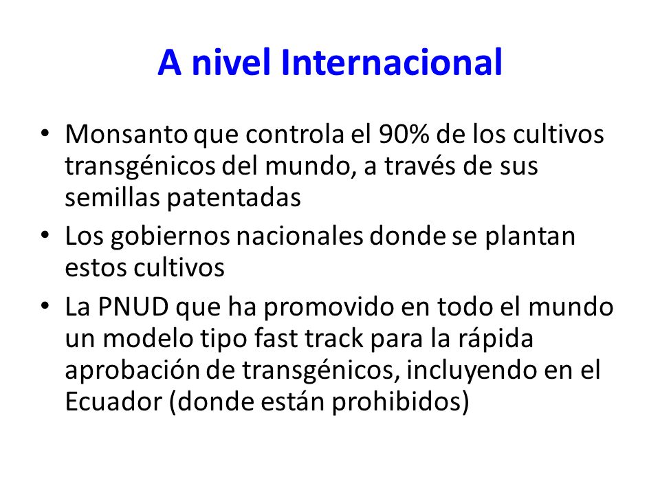 A nivel Internacional Monsanto que controla el 90% de los cultivos transgénicos del mundo, a través de sus semillas patentadas.