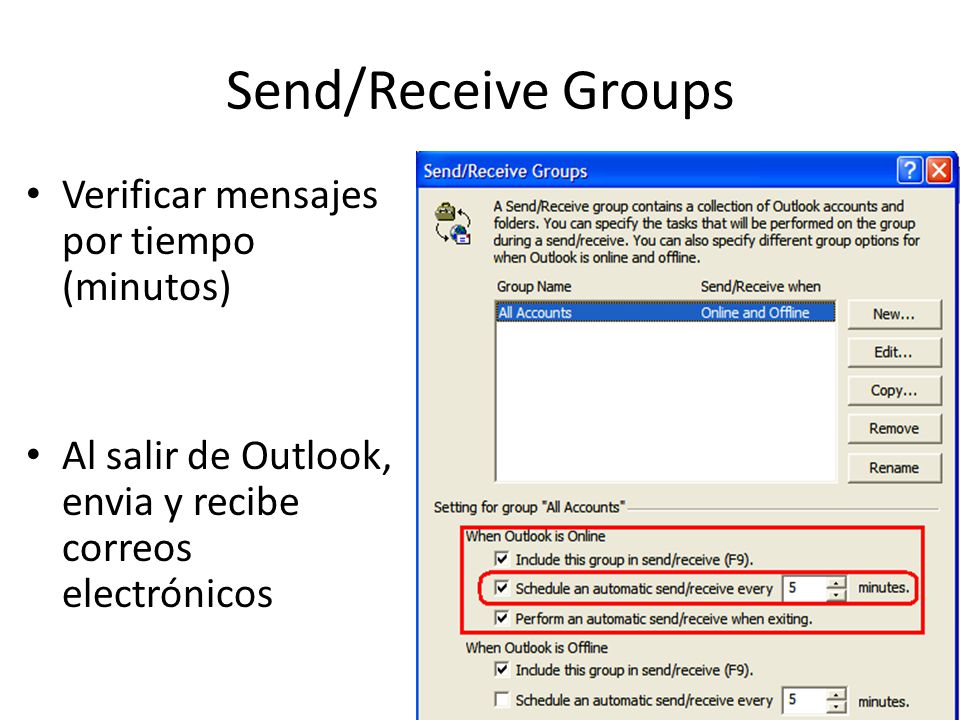 Send/Receive Groups Verificar mensajes por tiempo (minutos)