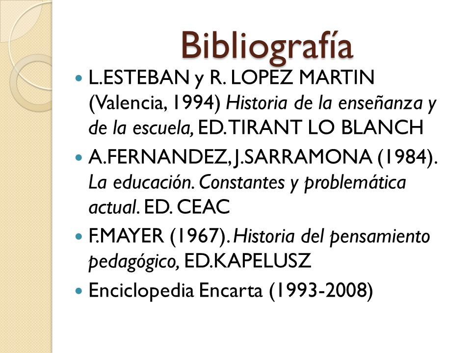 Bibliografía L.ESTEBAN y R. LOPEZ MARTIN (Valencia, 1994) Historia de la enseñanza y de la escuela, ED. TIRANT LO BLANCH.