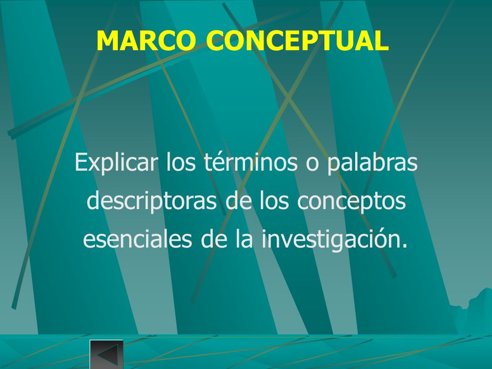 MARCO CONCEPTUAL Explicar los términos o palabras descriptoras de los conceptos esenciales de la investigación.