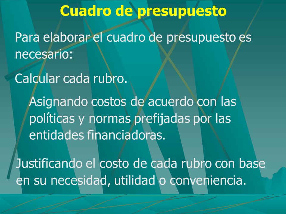 Cuadro de presupuesto Para elaborar el cuadro de presupuesto es necesario: Calcular cada rubro.