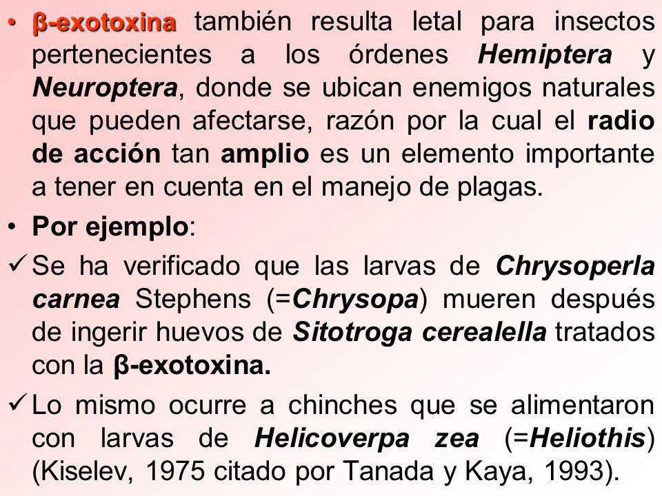β-exotoxina también resulta letal para insectos pertenecientes a los órdenes Hemiptera y Neuroptera, donde se ubican enemigos naturales que pueden afectarse, razón por la cual el radio de acción tan amplio es un elemento importante a tener en cuenta en el manejo de plagas.