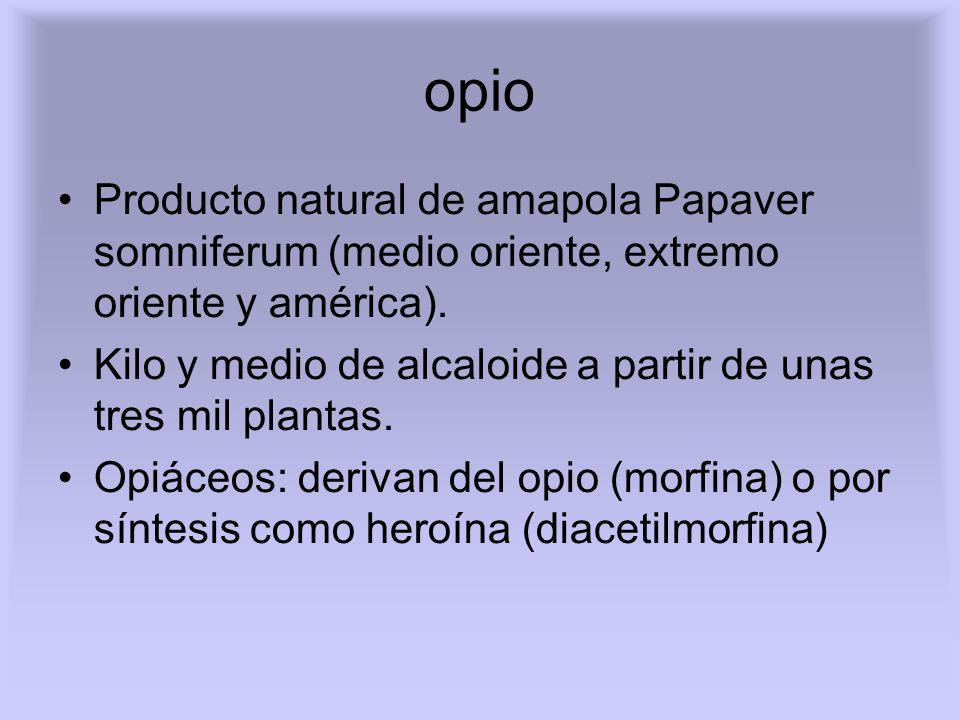 opio Producto natural de amapola Papaver somniferum (medio oriente, extremo oriente y américa).