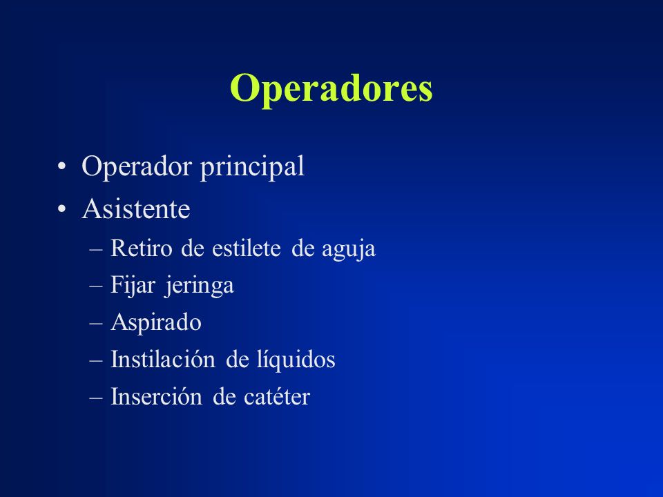 Operadores Operador principal Asistente Retiro de estilete de aguja