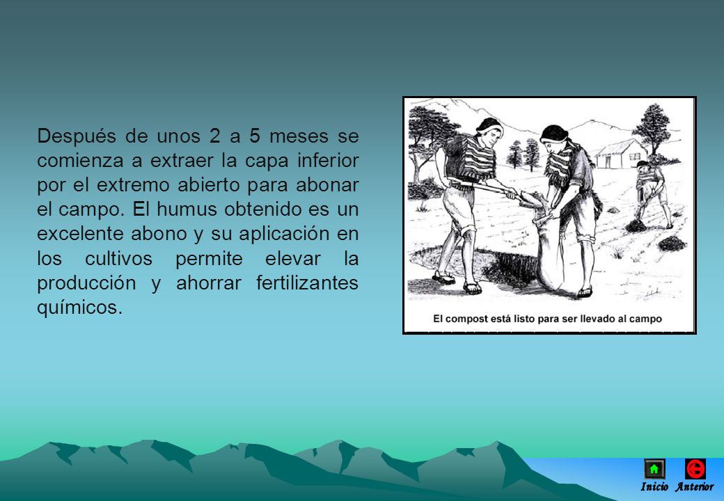 Después de unos 2 a 5 meses se comienza a extraer la capa inferior por el extremo abierto para abonar el campo. El humus obtenido es un excelente abono y su aplicación en los cultivos permite elevar la producción y ahorrar fertilizantes químicos.