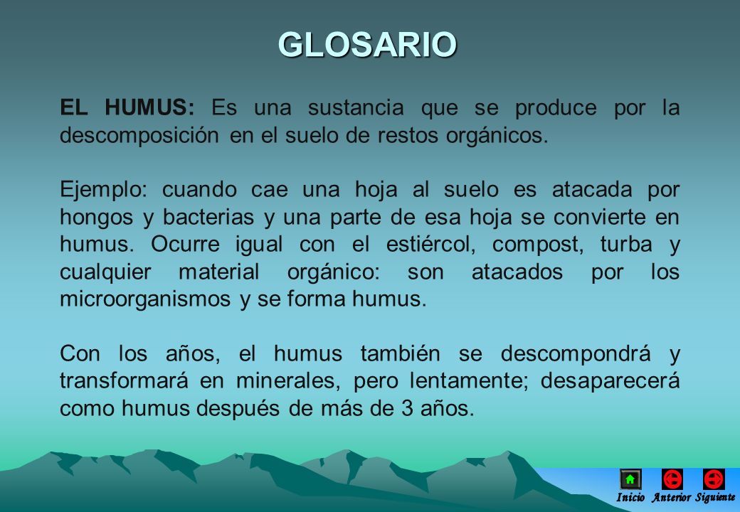 GLOSARIO EL HUMUS: Es una sustancia que se produce por la descomposición en el suelo de restos orgánicos.