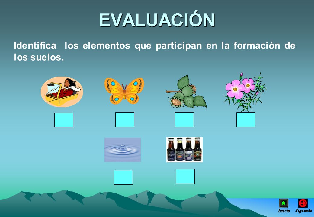 EVALUACIÓN Identifica los elementos que participan en la formación de los suelos. Inicio Siguiente